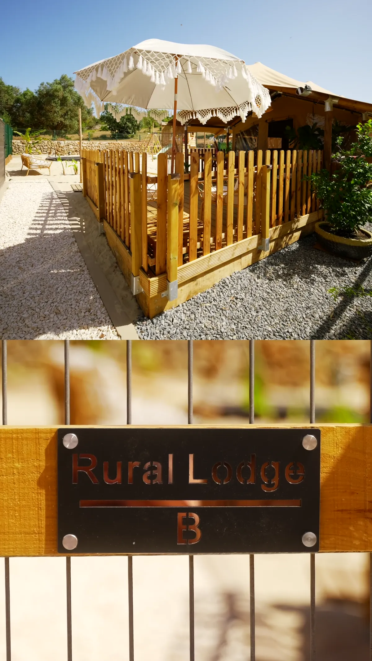 De lodge met het terras en de weide erachter